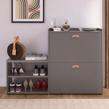 Imagem de Genérico, Sapateira Organizadora Quarto Closet Hall de Entrada Banco 2 Portas Basculantes Puxador Concha Milano - Cinza/Pérola