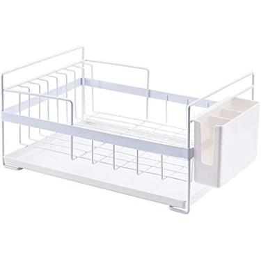 Imagem de Escorredor de pratos de aço cromado com dreno com dreno removível bandeja de talheres de plástico removível para bancada de cozinha (cor: branca) escorredor de secagem (preto) (branco)