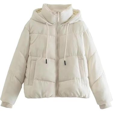 Imagem de Jaqueta Puffer Com Capuz Crop Feminina Com Zíper Inverno Acolchoado Quente Curto Jaqueta Outerwear, White, M