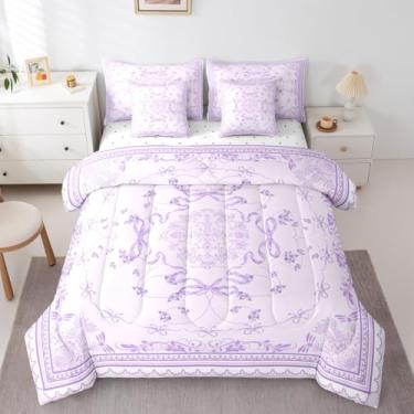 Imagem de Erosebridal Jogo de cama King com laço roxo e laço floral lavanda para meninas | Jogo de lençol com estampa de gravata borboleta peculiar com edredom boêmio, casa de fazenda, estética