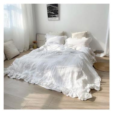 Imagem de Jogo de cama 100% linho com babados, capa de edredom e fronhas brancas com babados, conjunto de capa de cama macia Queen King (capa de uma cor 210 x 210 cm, 3 peças)