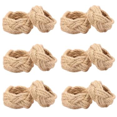 Imagem de 12 peças de anéis de guardanapo de flor branca de pano dourado para decoração de mesa de jantar para aniversários, casamentos, festas de Natal (corda de cânhamo natural)