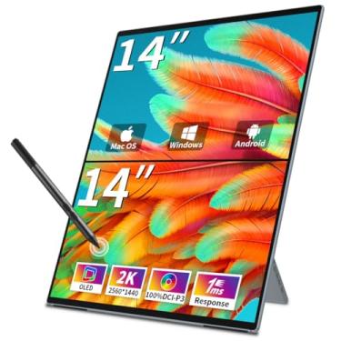 Imagem de Magedok Monitor duplo de 14 polegadas 2K OLED, monitor de toque portátil para extensor de laptop | 2K |100% DCI P3|Plug-Play|Stand- VESA| Monitor de computador Laptop PC Windows Mac