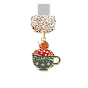 Imagem de ELISE & FONDA TP969 Tipo-C porta de carregamento cristal plugue antipoeira Little Christmas Gingerbread Man in Coffee Berloque para iPhone 15/16/Samsung/OnePlus/Xiaomi/oppo telefones Android (marrom e