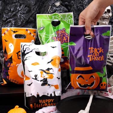 Imagem de 50 peças/4 estilos de saco de plástico para doces de Halloween para presente de festa, acessórios de embalagem de férias 14 x 25 x 0,4 cm