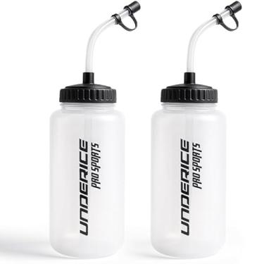 Imagem de UICE Garrafa de água de hóquei com canudo longo, pacote com 2 e 1 litro (963 g) garrafas de água esportivas sem BPA, tampa de garrafa fácil de apertar com tampa extra para futebol e lacrosse capacete