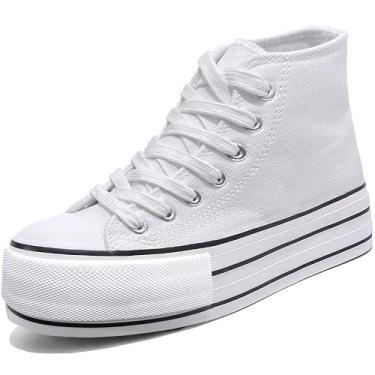 Imagem de Tênis feminino plataforma 4 cm de aumento de altura, tênis clássico de lona plataforma de cano baixo para mulheres e adolescentes, várias cores, moda moderna, sapatos fofos, Cano alto branco, 38
