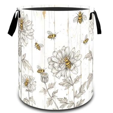 Imagem de VODRM Cesto de lavanderia floral de abelha com madeira, cesto organizador de brinquedos para crianças e adultos, cesto de armazenamento impermeável de tecido Oxford para quarto, banheiro, decoração