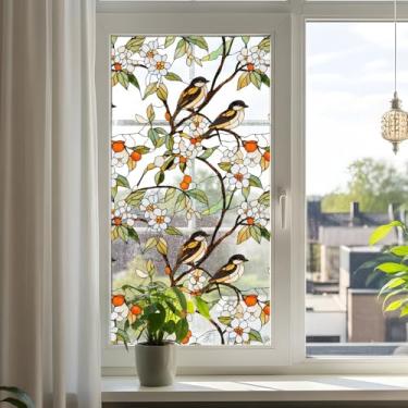Imagem de Runtoo Película de privacidade de janela fosco pássaros flores adesivos de janela 3D banheiro decorativo vinil vitral floral folhas decalques adesivos estáticos não adesivo capa de porta, 43 x 101 cm