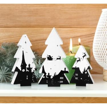 Imagem de Roowest 3 peças de decoração de mesa de árvore de Natal de madeira preto branco centro de mesa mesa rústica em camadas decoração para casa de fazenda, Natal, casa, mesa, festa, decoração