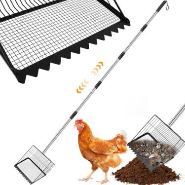 Imagem de Colher de cocô de galinha, lâmina de pá extra grande de 25 x 20,5 cm, cabo de aço inoxidável estendido de 155 cm, ajuste de comprimento de 4 posições, pá de areia para peneirar areia para galinheiros