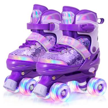 Imagem de Nattork Patins infantis para meninos e meninas, 4 tamanhos, ajustáveis, lantejoulas, quadriciclos com todas as rodas iluminadas para crianças iniciantes, presente de aniversário para esportes internos