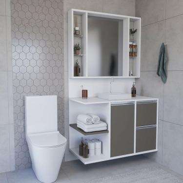 Imagem de Conjunto Gabinete E Espelheira Plena Premium 120cm Branco Bronze