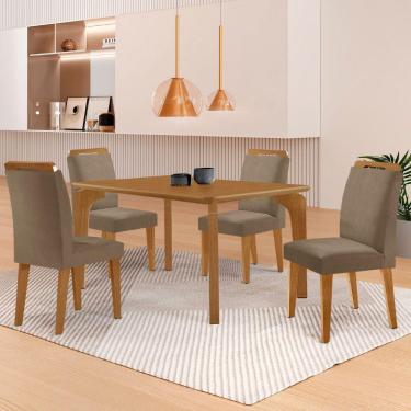 Imagem de Mesa Liz 120 Mdf Canto Copo E Com 4 Cadeiras Athenas Veludo Capuccino/naturalle/naturalle