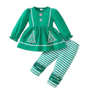 Imagem de ADXSUN Roupa de Natal para meninas, árvore de Natal/Homem de Gengibre Bordado + Meia-calça de renda, 2 peças de roupas, Verde, 6-7 Anos