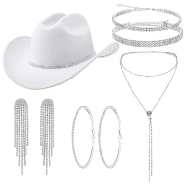 Imagem de Misdary Traje de vaqueira de Halloween para mulheres, chapéu de cowboy com strass, joias de strass prata, acessórios de cosplay (branco)