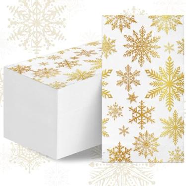 Imagem de 100 peças de papel descartável de guardanapos de Natal - suprimentos de jantar de férias para convidados de floco de neve, toalhas de mão de buffet de flocos de neve brancos dourados