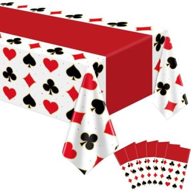 Imagem de 6 peças de toalhas de mesa com tema de cassino, 139 x 201 cm, toalha de mesa de pôquer, toalha de mesa descartável, tapete de pôquer multifuncional para jogos de aniversário, cartas de jogo de