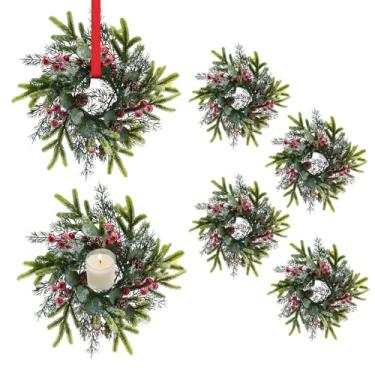 Imagem de Tupetcs Pacote com 6 mini guirlandas de Natal, decorações de guirlanda de Natal pequena de 25 cm para casa, porta da frente, varanda, mesa, anéis de vela, armários de janela, decorações de casa de