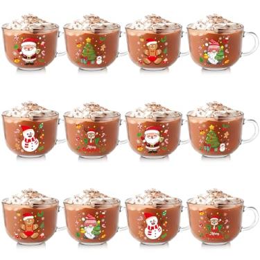 Imagem de Vesici Conjunto de 12 canecas de café de Natal de 473 ml, canecas de vidro de Natal com alça de floco de neve, xícaras de café, Papai Noel, boneco de neve, presente de Natal para mulheres, homens