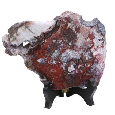 Imagem de mookaitedecor Espécime de laje de ágata mexicana natural com suporte de madeira, estatueta de pedra de ágata irregular para decoração de casa, 226-325 g