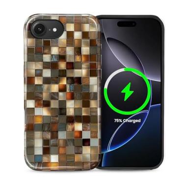 Imagem de casesok Capa para iPhone 16e, compatível com MagSafe, capa rígida de camada dupla + capa de silicone, proteção total à prova de choque para iPhone 16e-Mosaico de vidro tonificado marrom