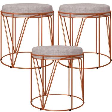 Imagem de Kit 03 Puffs Decorativo Aramado Bronze Zaya L02 Linho Cinza