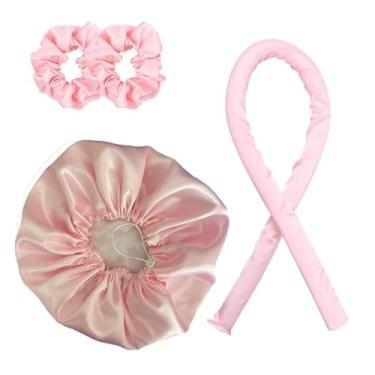 Imagem de Modelador de Cachos Noturno em Cetim Heatless Curls + Touca Dupla Face e Scrunchies – Sem Frizz e Cabelo Macio (pink)