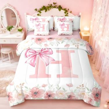 Imagem de Erosebridal Jogo de cama casal com letra H, letra H, laço kawaii, para crianças, meninas, princesa, floral, primavera, conjunto de lençol com lençol