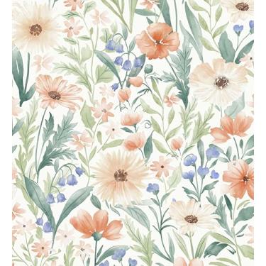 Imagem de MelunMer Papel de contato boho rosa para armários verde/rosa floral papel de parede autoadesivo removível para quarto 393 pol