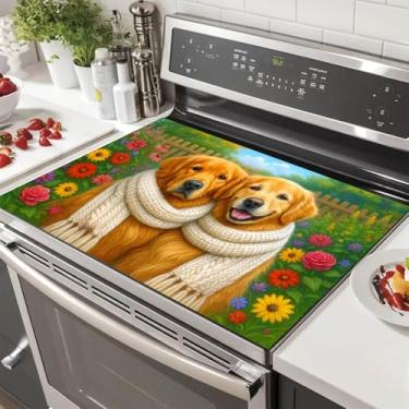 Imagem de HOMETITUTE Golden Dog Stove Top Covers para Fogão Elétrico 71 x 50 cm Almofada decorativa de vidro para placa de fogão resistente ao calor Tapete de balcão de cozinha para pias e bancadas feito com