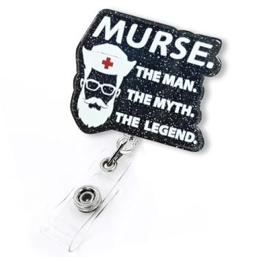 Imagem de Carretel de crachá retrátil de enfermeiro masculino engraçado, carretel de crachá preto com glitter murse para homens, porta-crachá de identificação de enfermeiro personalizado para trabalho, o homem