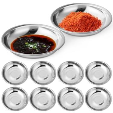 Imagem de DOITOOL Prato de molho de soja 10 cm - Tigela de aço inoxidável redonda pequena - Pratos de tempero prateados para churrasco, salada, molho de tomate, churrasco (10 cm)