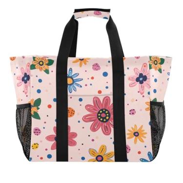 Imagem de Wassud Sacolas de compras reutilizáveis de flores e pontos grande bolsa organizadora de lona impermeável para praia, piquenique, lavanderia, viagem