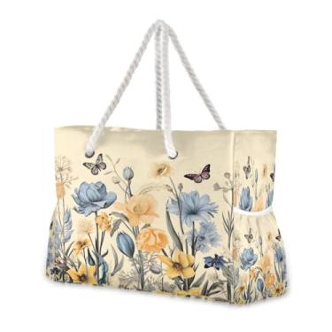 Imagem de Wassud Bolsa de praia borboletas e floral grande bolsa de praia para mulheres, à prova d'água, à prova de areia, bolsa de viagem com zíper e bolso para piscina, academia, acampamento