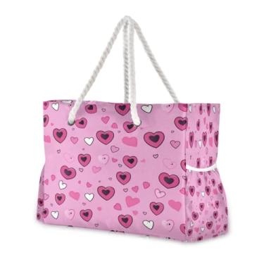 Imagem de Wassud Bolsa de praia com estampa em forma de coração, bolsas de praia grandes para mulheres, impermeável, à prova de areia, bolsa de viagem com zíper e bolso para piscina, academia, acampamento