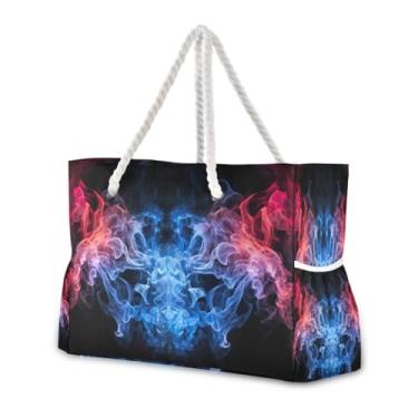 Imagem de Wassud Bolsa de praia grande para mulheres, azul e branco, estampa de fumaça, impermeável, à prova de areia, bolsa de viagem com zíper e bolso para piscina, academia, acampamento