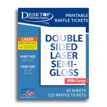 Imagem de Folhas de bilhetes de sorteio em branco com tocos removíveis – 125 ingressos para impressão (25 folhas) – Cartolina semibrilhante a laser branco de 36 kg – 5 x 17,8 cm Ingressos para eventos, desenhos