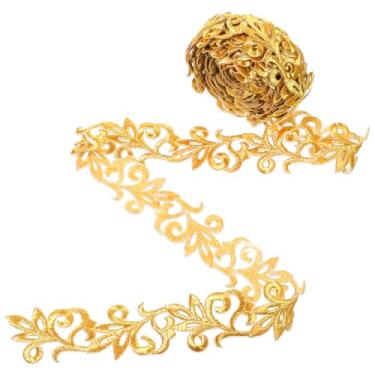 Imagem de IANFAN Aplique dourado, acabamento de renda dourada de 4,4 metros para costura, enfeites de tecido e enfeites, fita de poliéster de 3,5 cm de largura com borda metálica, ferro em renda floral para