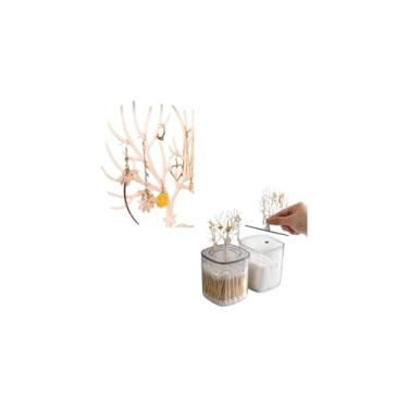 Imagem de Porta Joias com Suporte para Brincos, Organizador Decorativo em Forma de Árvore, Plástico, 10x9x9cm, Branco e Cinza