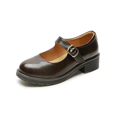 Imagem de BB BEROBELLO FASHION IS AN ATTITUDE Sapato social feminino vintage preto/marrom Mary Jane Flats JK uniforme, Salto marrom de 4,5 cm, 36