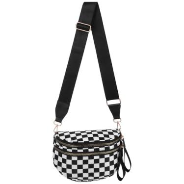 Imagem de Bolsa tiracolo xadrez preta e branca, bolsa de viagem com vários bolsos com zíper, pochete de nylon com alça ajustável, bolsa de ombro casual leve para uso diário feminino