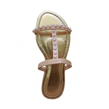 Imagem de Sandália Rasteira Feminina com Pérolas, Dourada e Nude, Tiras Decoradas, Estilo Casual