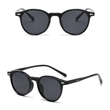 Imagem de HCHES Óculos de sol modernos com armação redonda pequena para homens e mulheres, ideais para dirigir ao ar livre (preto brilhante).
