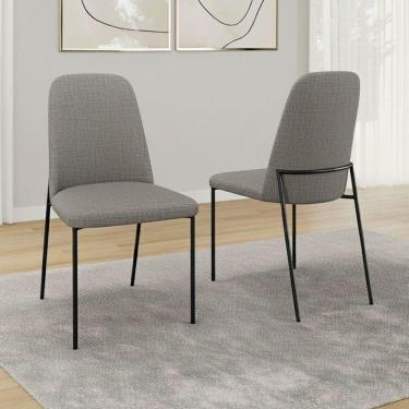 Imagem de Kit 02 Cadeiras Sala De Jantar Lior Com Encosto Estofado Base Preta Linho Cinza - Desk Design