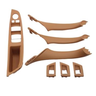 Imagem de Conjunto de 7 peças de puxadores de porta internos para carros com volante à esquerda (LHD) em fibra de carbono bege e preto, compatível com BMW Série 5 F10 F18 523 525 528.(Model A Champagne)