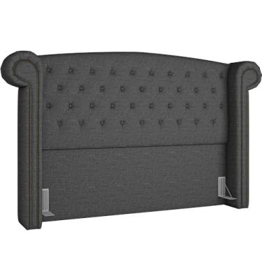 Imagem de Cabeceira Cama Box Queen com Tachas 160 cm Sofia P05 Linho Cinza Escuro - Lyam Decor