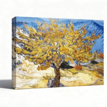 Imagem de Arte de parede em tela de paisagem, árvore dourada inspirada em Van Gogh no vale da montanha, impressão de pintura a óleo com pincelada expressiva, decoração de parede rústica boho para sala de estar