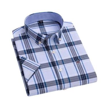Imagem de Camisa Oxford Masculina 100% Algodão Xadrez Manga Curta Corte Regular 