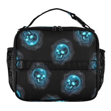 Imagem de Joisal Lancheira com estampa de caveiras azuis brilhantes para mulheres, meninas, lancheira masculina e infantil, lancheira para trabalho, bolsa térmica de alimentos portátil para escola